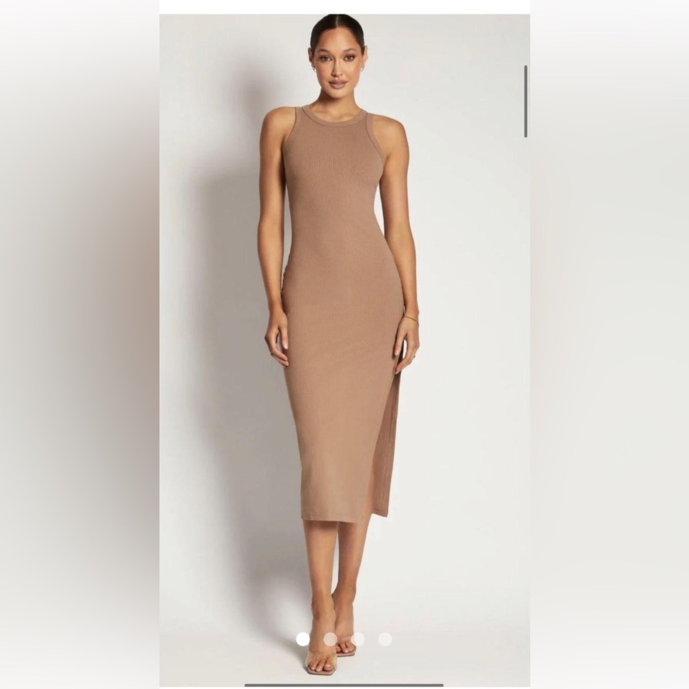 Meshki Viola Ribbed Split Racer Back Maxi Dress - Latte - NWT